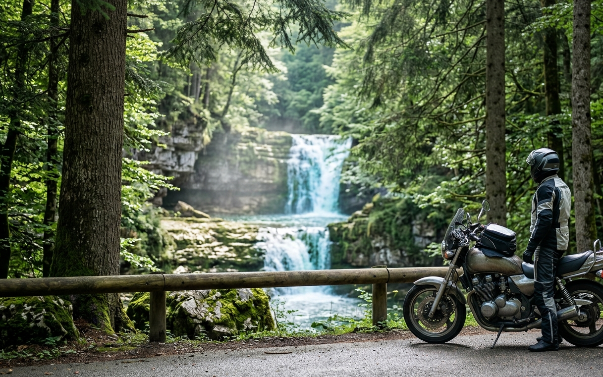 Motard sur une route du Jura au coucher du soleil